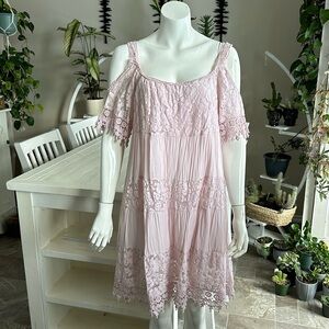 Blush Pink Lg Vintage Spring or travel Irregular Lace Dress off the shoulder